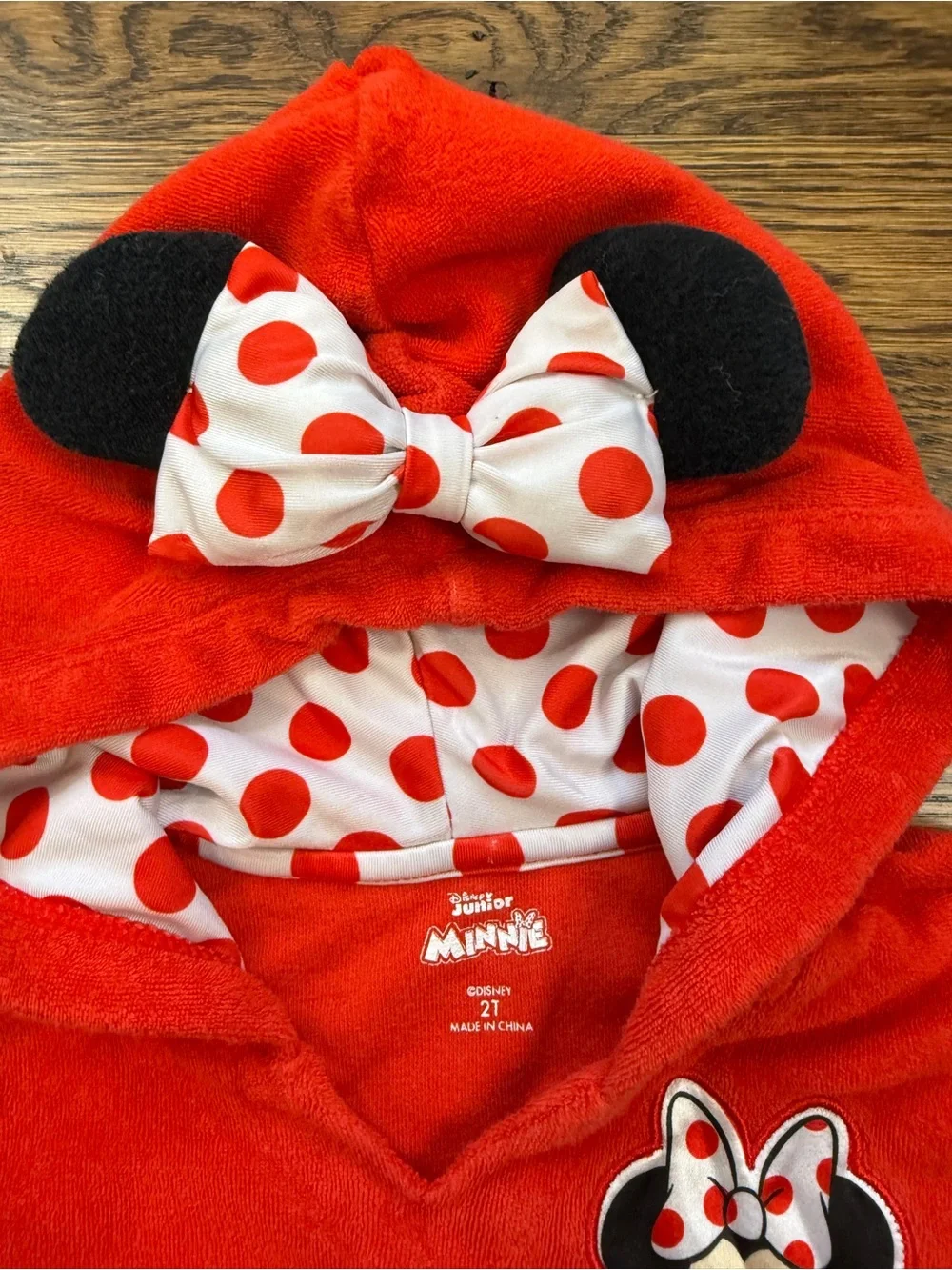 Disney Junior Girls Minnie Mouse Red Hooded Terry Swim Cover w/ Polka Dot Bow 2T